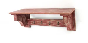 8" x 30" x 9.75" Red Vintage Wooden 4 Metal Hooks - Wall Shelf