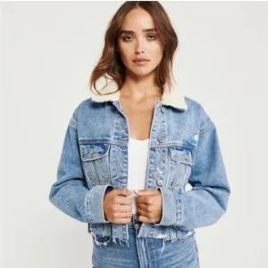 Abercrombie Cropped Trucker Jacket Sherpa Collar Medium Wash Size Medium