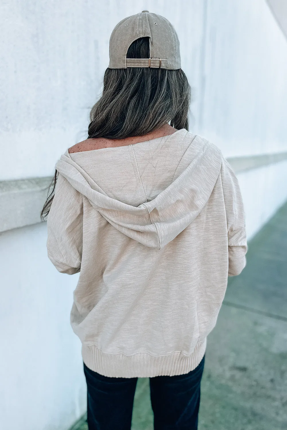 Apricot Half Buttoned Ribbed Trim Loose Fit Pullover Hoodie