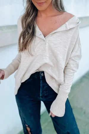 Apricot Half Buttoned Ribbed Trim Loose Fit Pullover Hoodie