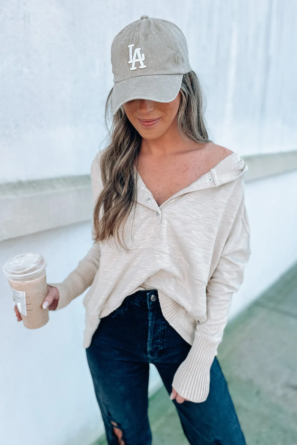 Apricot Half Buttoned Ribbed Trim Loose Fit Pullover Hoodie