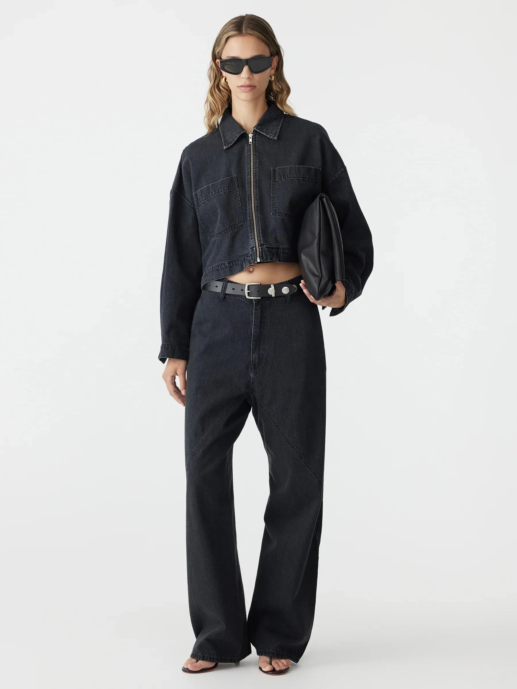 Bassike Denim Zip Front Crop Jacket in Washed Black