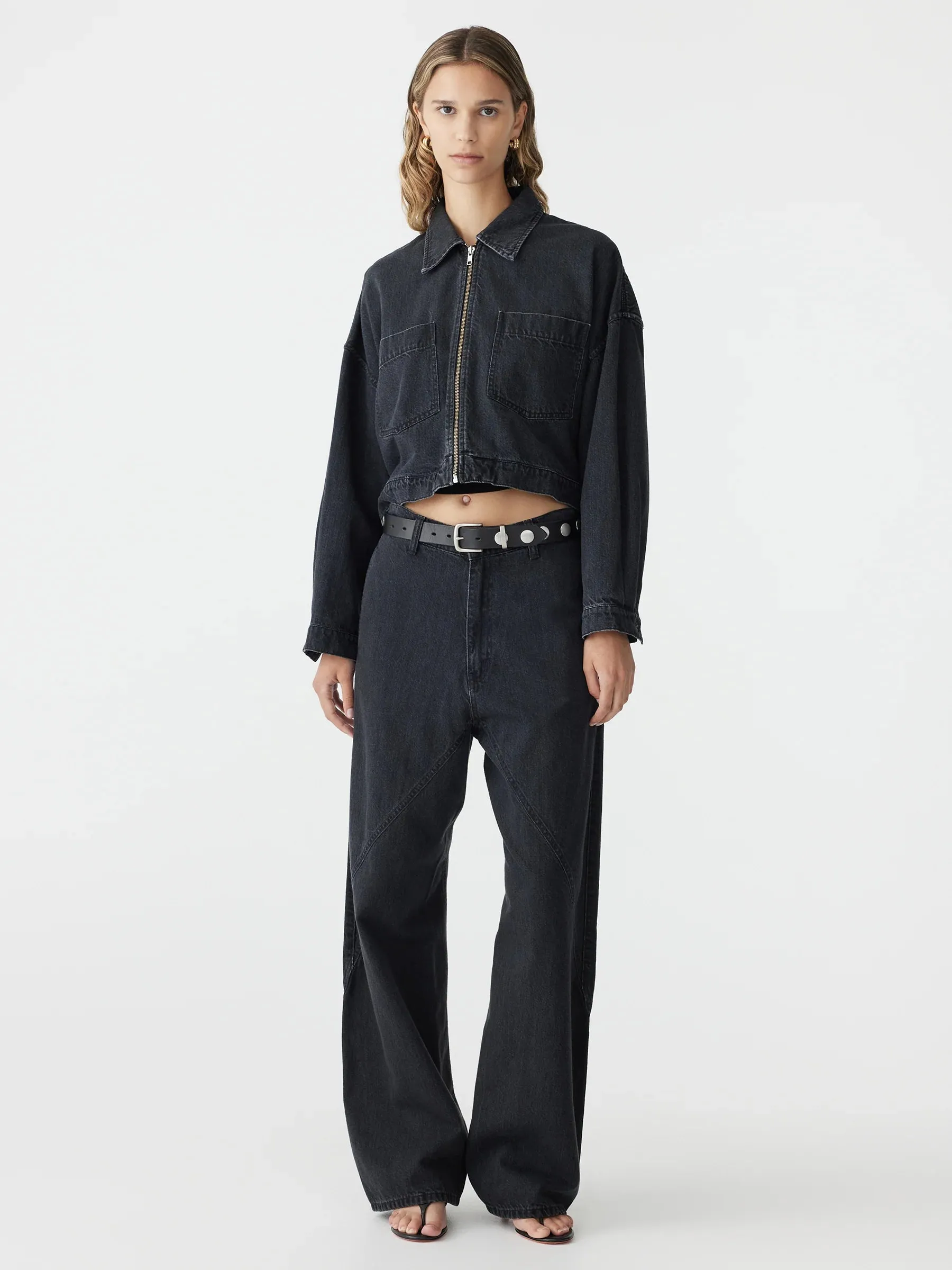 Bassike Denim Zip Front Crop Jacket in Washed Black
