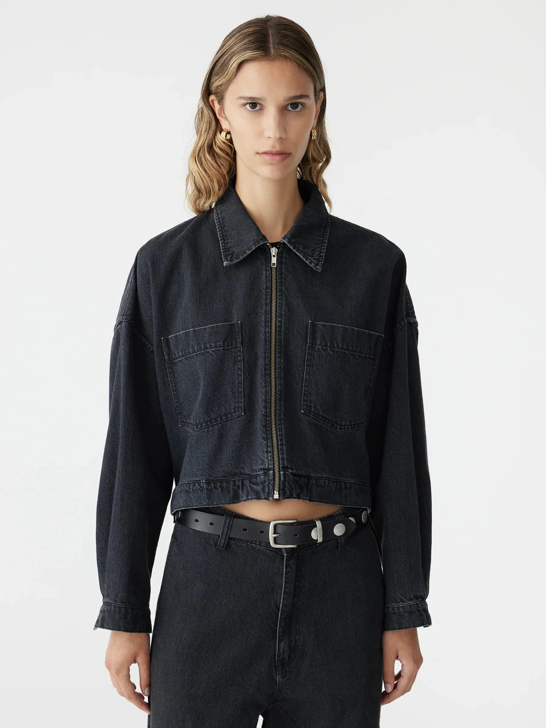 Bassike Denim Zip Front Crop Jacket in Washed Black