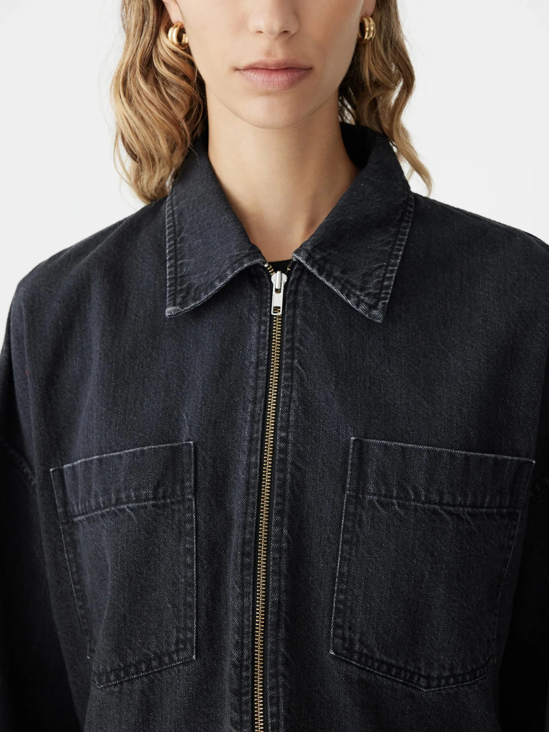 Bassike Denim Zip Front Crop Jacket in Washed Black