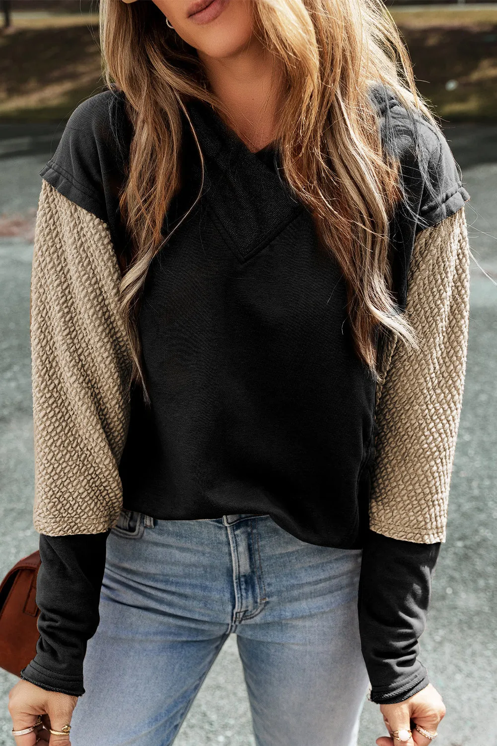 Black Contrast Splicing Sleeves Hooded Sweatshirt