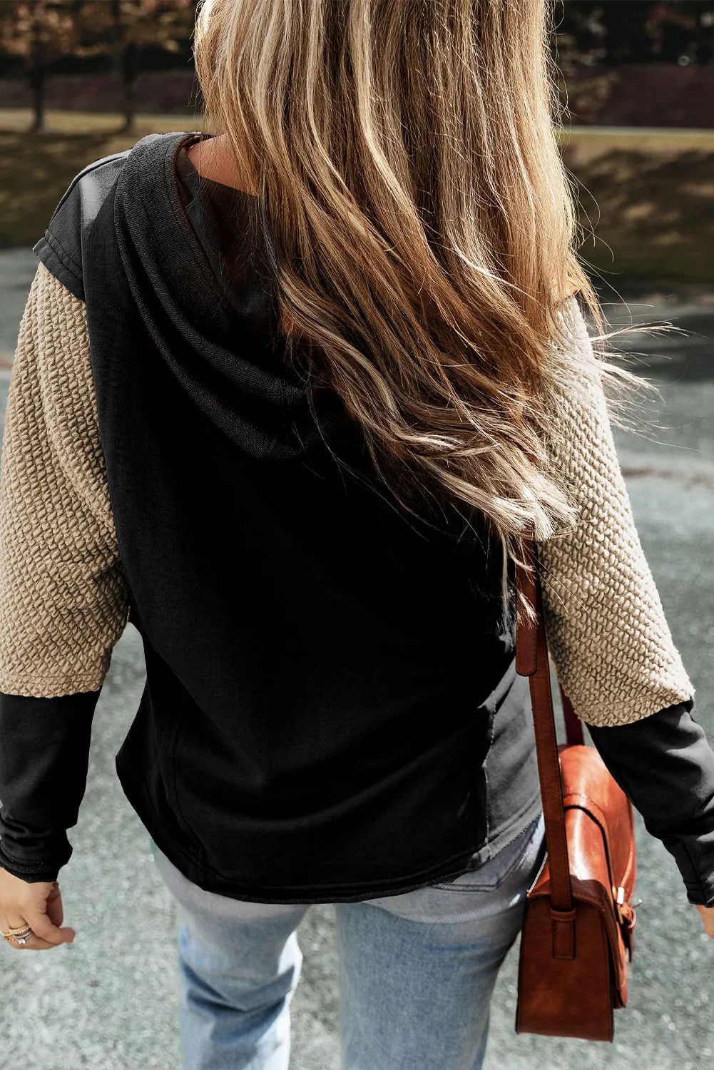 Black Contrast Splicing Sleeves Hooded Sweatshirt