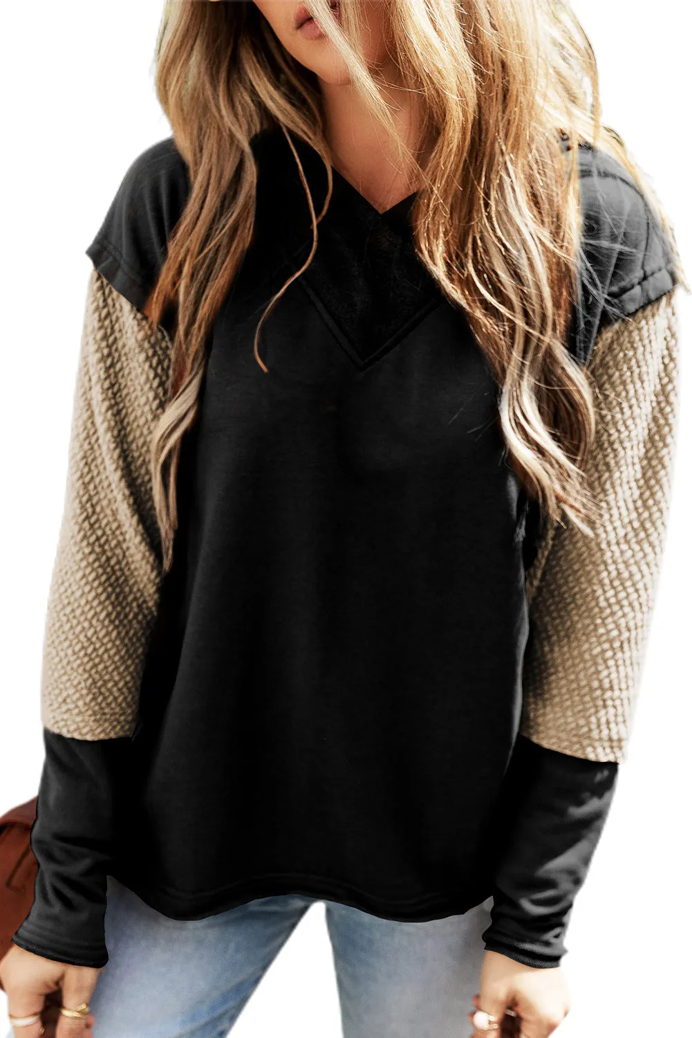 Black Contrast Splicing Sleeves Hooded Sweatshirt