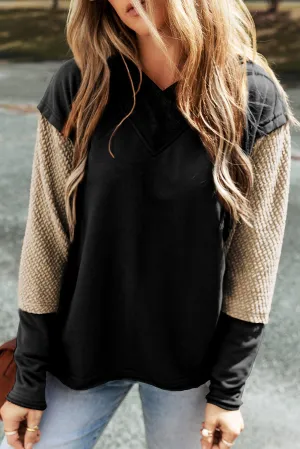 Black Contrast Splicing Sleeves Hooded Sweatshirt
