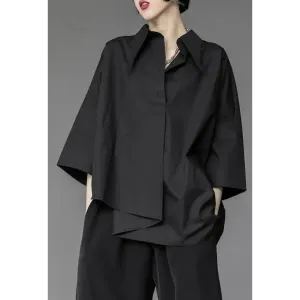 Black Shirt with Asymmetrical Design and Mid-Length Sleeves