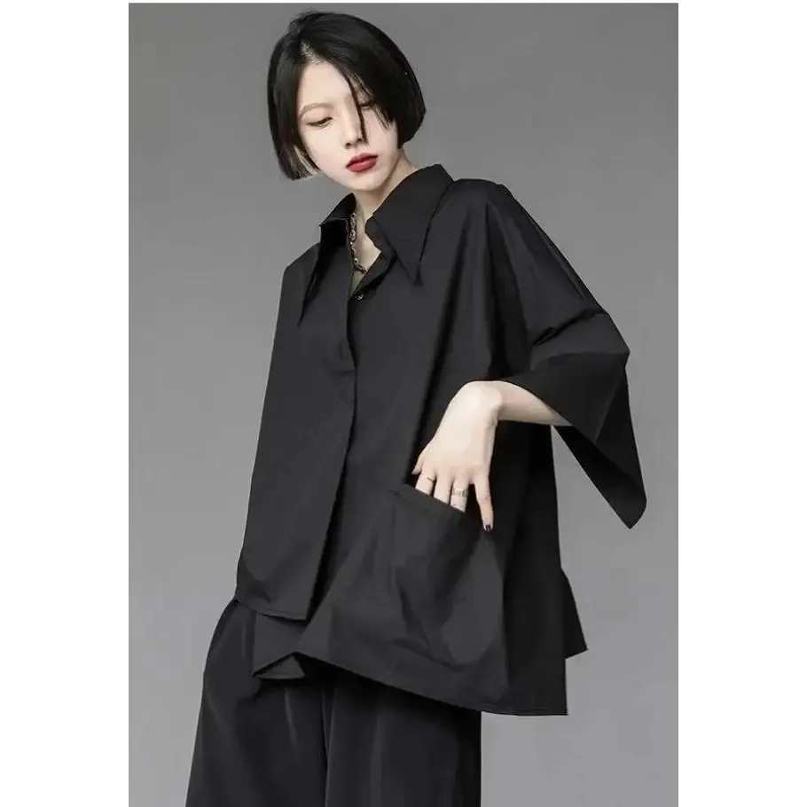 Black Shirt with Asymmetrical Design and Mid-Length Sleeves