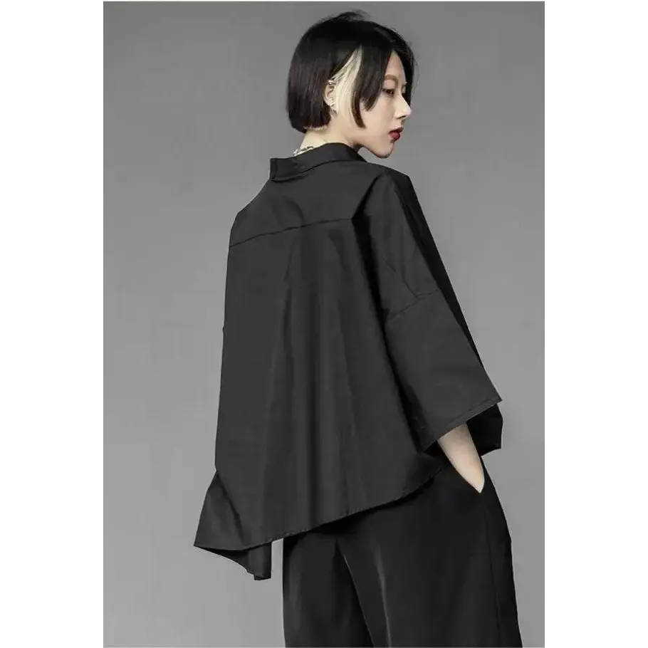 Black Shirt with Asymmetrical Design and Mid-Length Sleeves