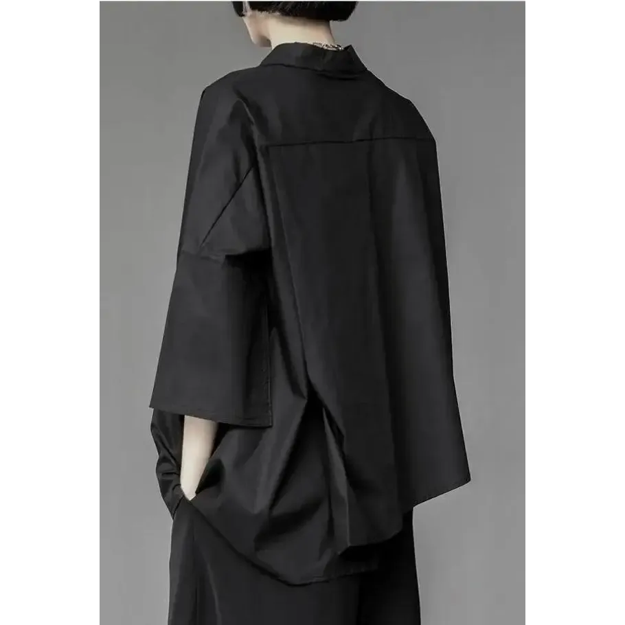 Black Shirt with Asymmetrical Design and Mid-Length Sleeves