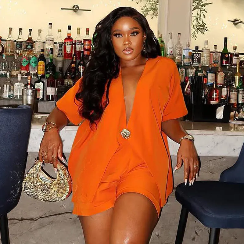 Bold Solid Color Short-Sleeve Top and High-Waist Shorts Two-Piece Set