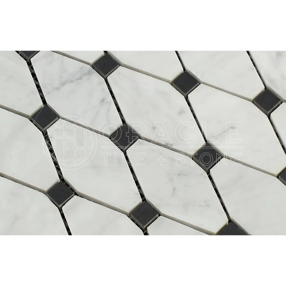 Carrara White Italian (Bianco Carrara) Marble Octave Pattern Mosaic Tile (Black Marble Dots, Polished)