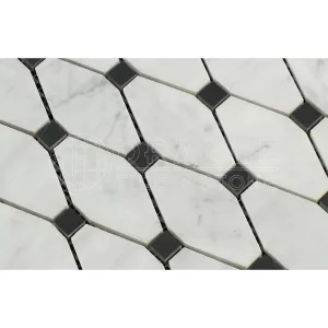 Carrara White Italian (Bianco Carrara) Marble Octave Pattern Mosaic Tile (Black Marble Dots, Polished)