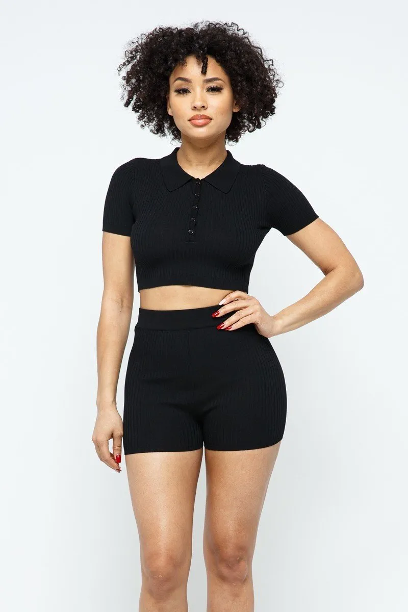 Collar Crop Top   Shorts Set