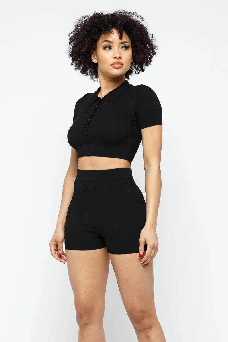 Collar Crop Top   Shorts Set