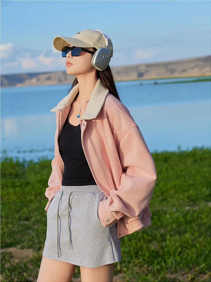 Cute Cropped Button Front Shirt Jacket with Stain-Resistant Material
