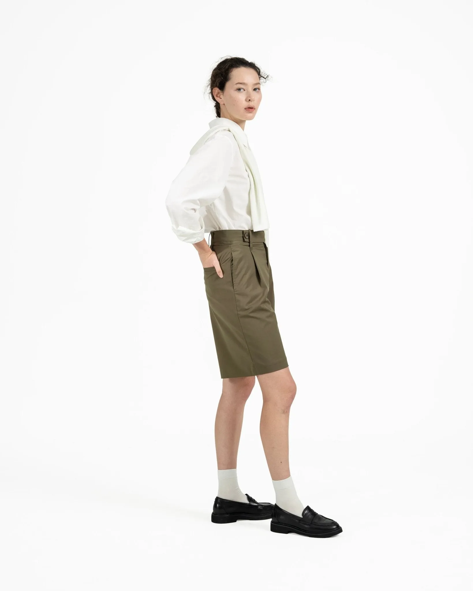 Double Waist Tailored Shorts - Olive