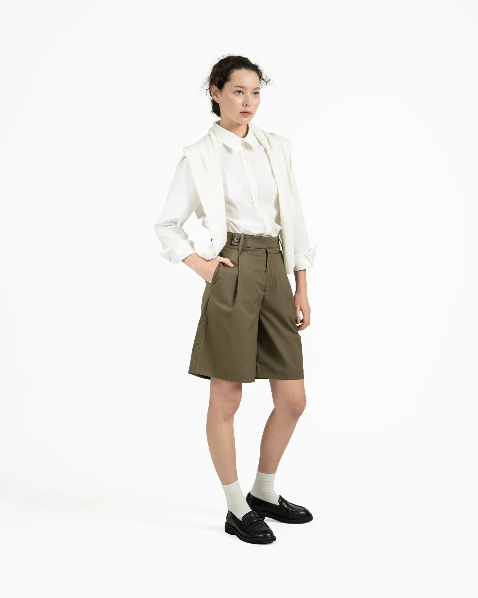 Double Waist Tailored Shorts - Olive