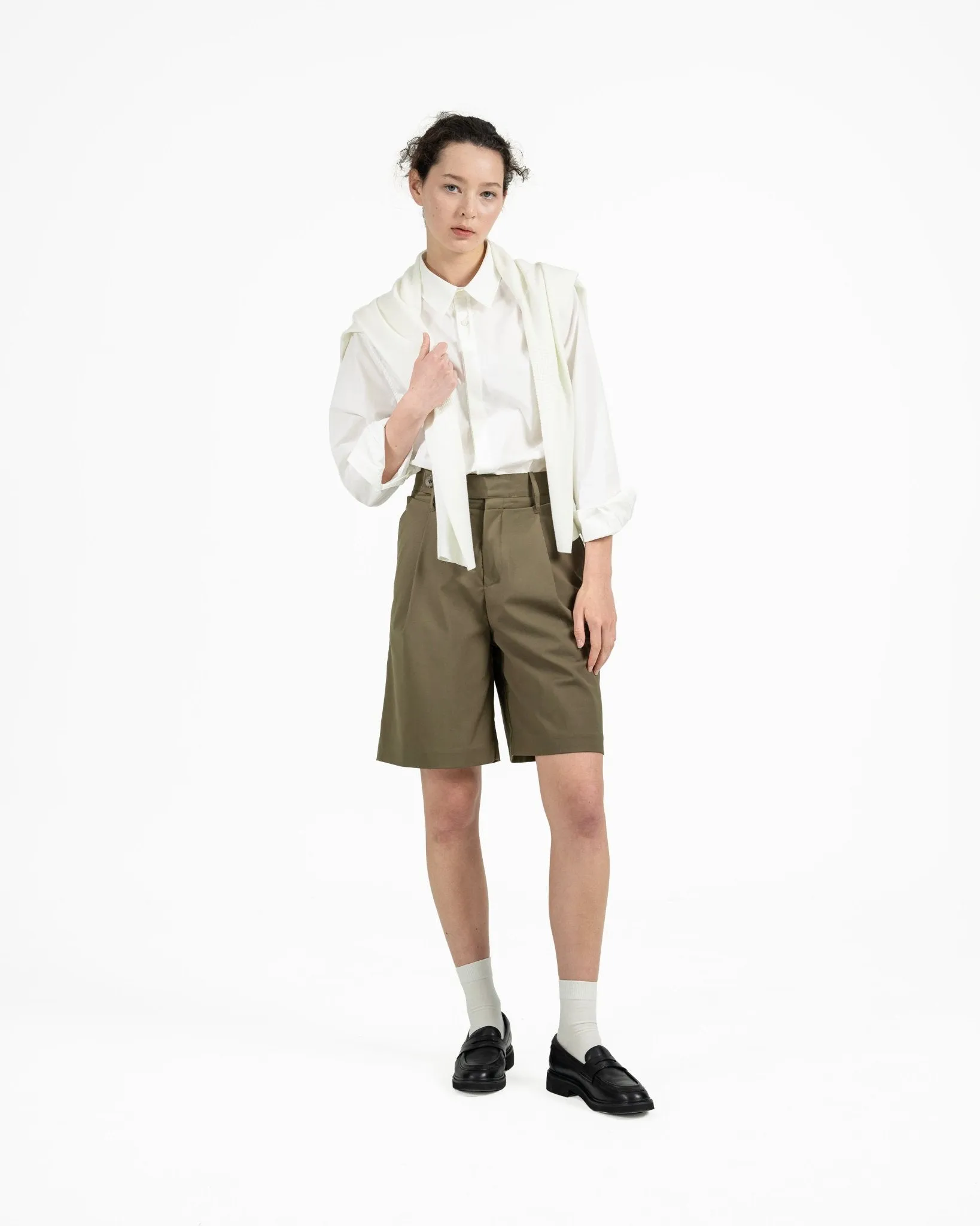 Double Waist Tailored Shorts - Olive