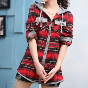 Fashion Long Sleeved Casual Hoodies Slim OL Plaid Blouses Shirts For Women Suit Sweatshirts