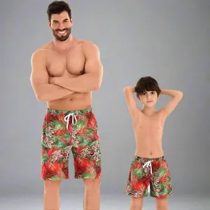 Father and Son Matching Swim Trunks - Tropical Paradise Red and Green Print
