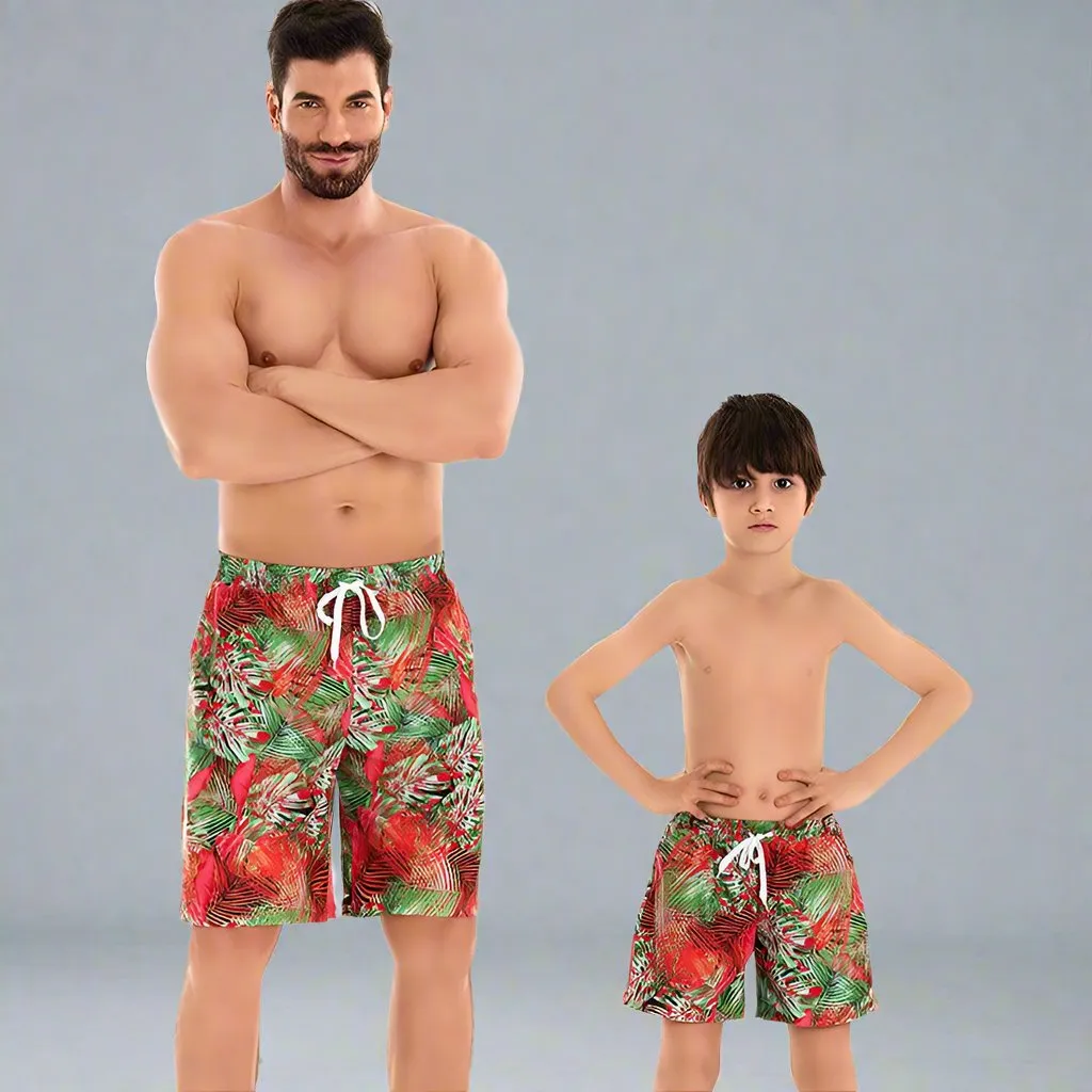 Father and Son Matching Swim Trunks - Tropical Paradise Red and Green Print