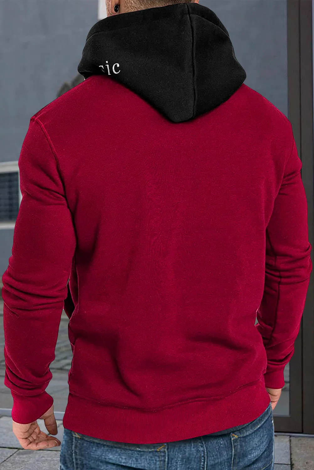Fiery Red Men's Letter Print Pocketed Slim-fit Long Sleeve Hoodie