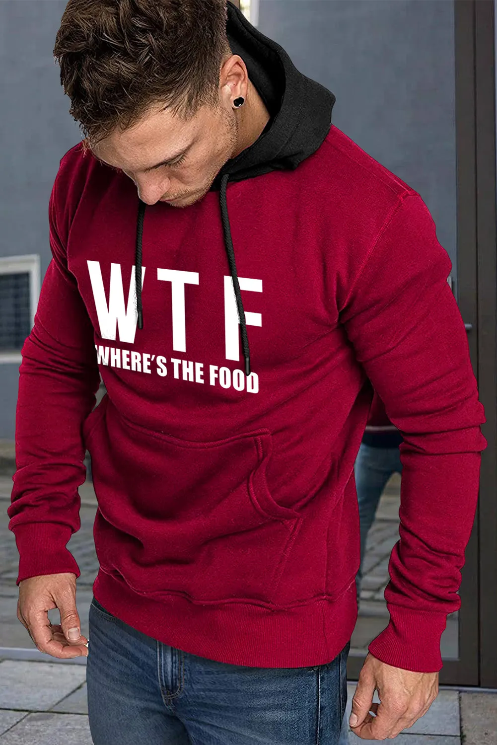 Fiery Red Men's Letter Print Pocketed Slim-fit Long Sleeve Hoodie