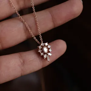 Flower Pendant Oval Diamond Necklace wih Princess Halo in 14K Solid Rose Gold