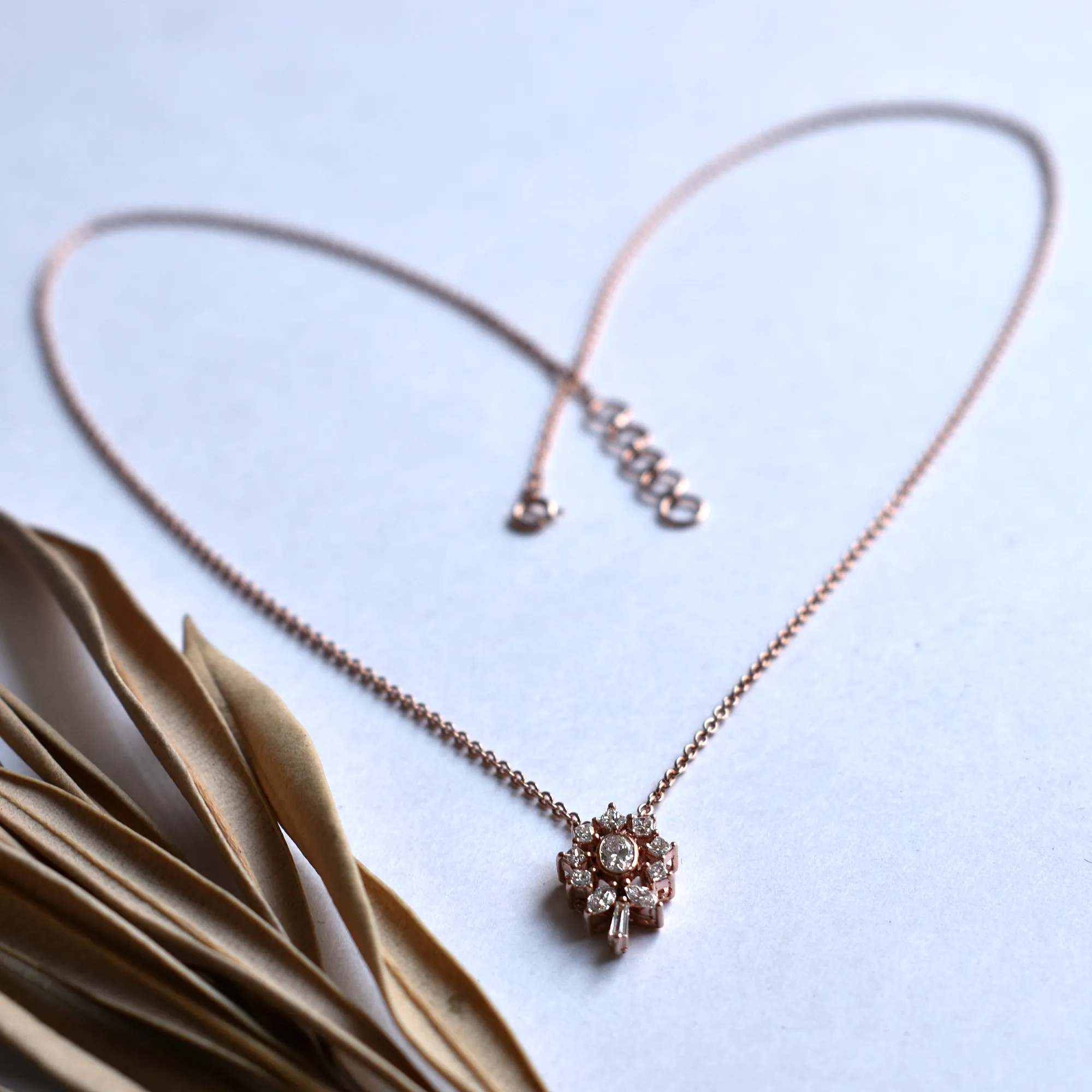 Flower Pendant Oval Diamond Necklace wih Princess Halo in 14K Solid Rose Gold