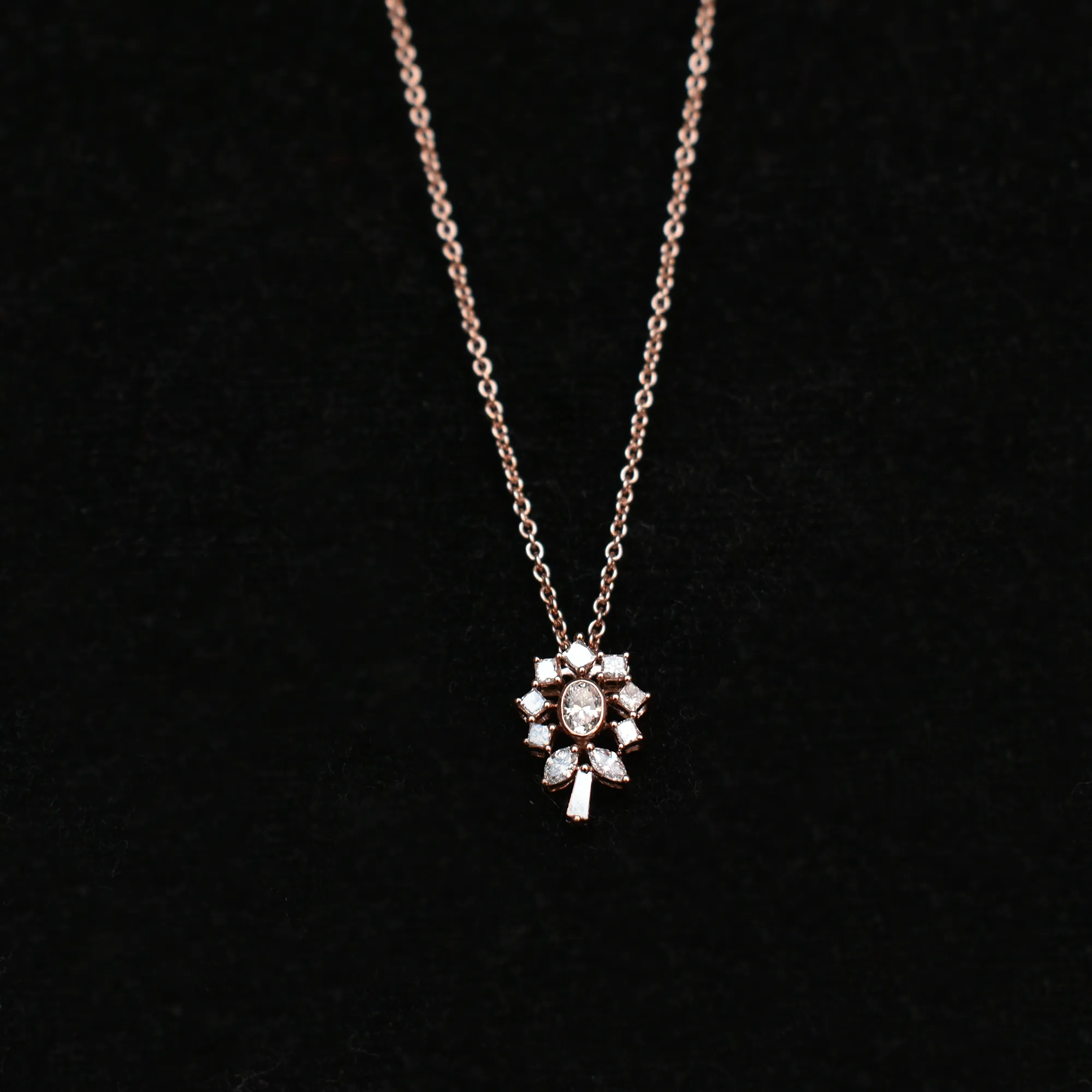 Flower Pendant Oval Diamond Necklace wih Princess Halo in 14K Solid Rose Gold