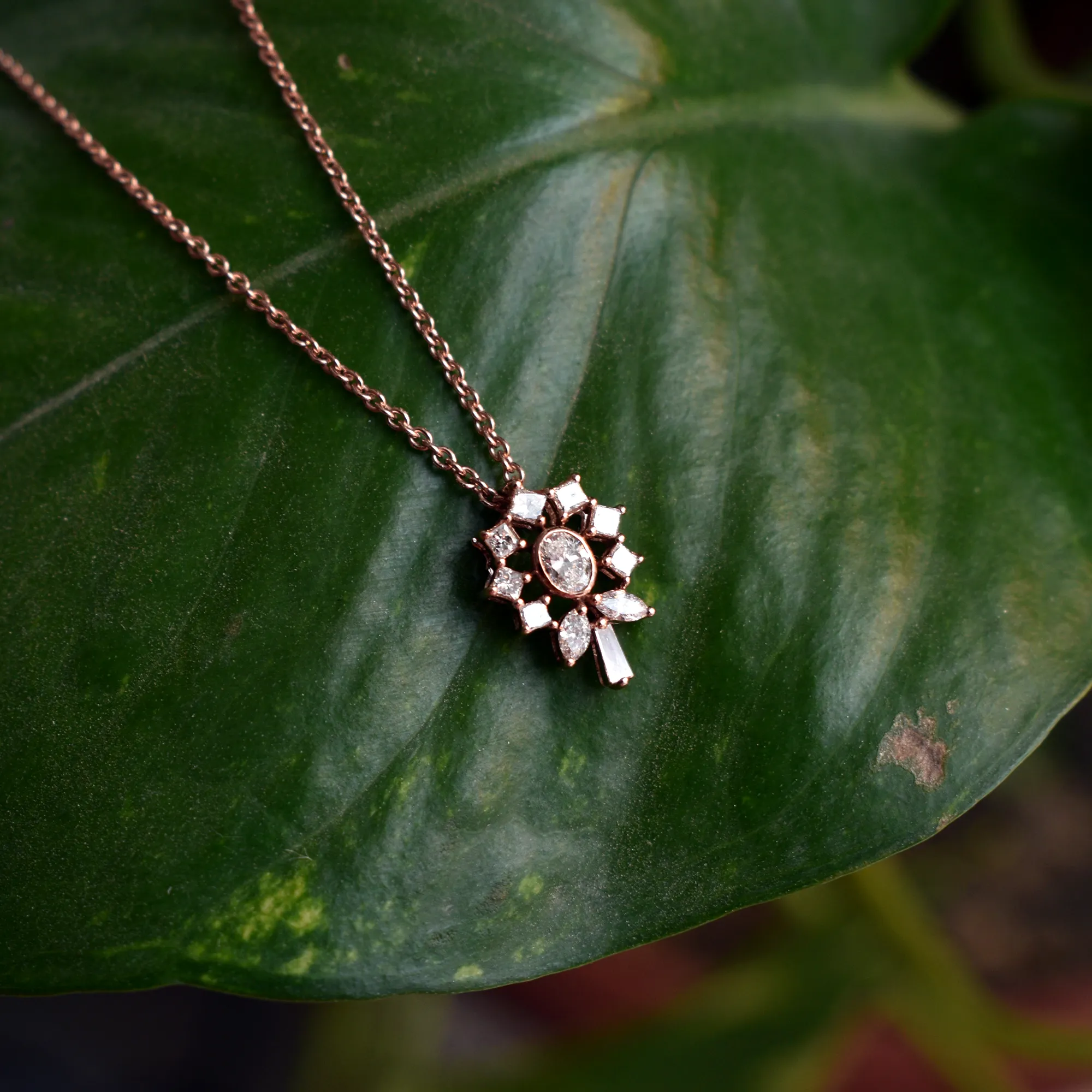 Flower Pendant Oval Diamond Necklace wih Princess Halo in 14K Solid Rose Gold
