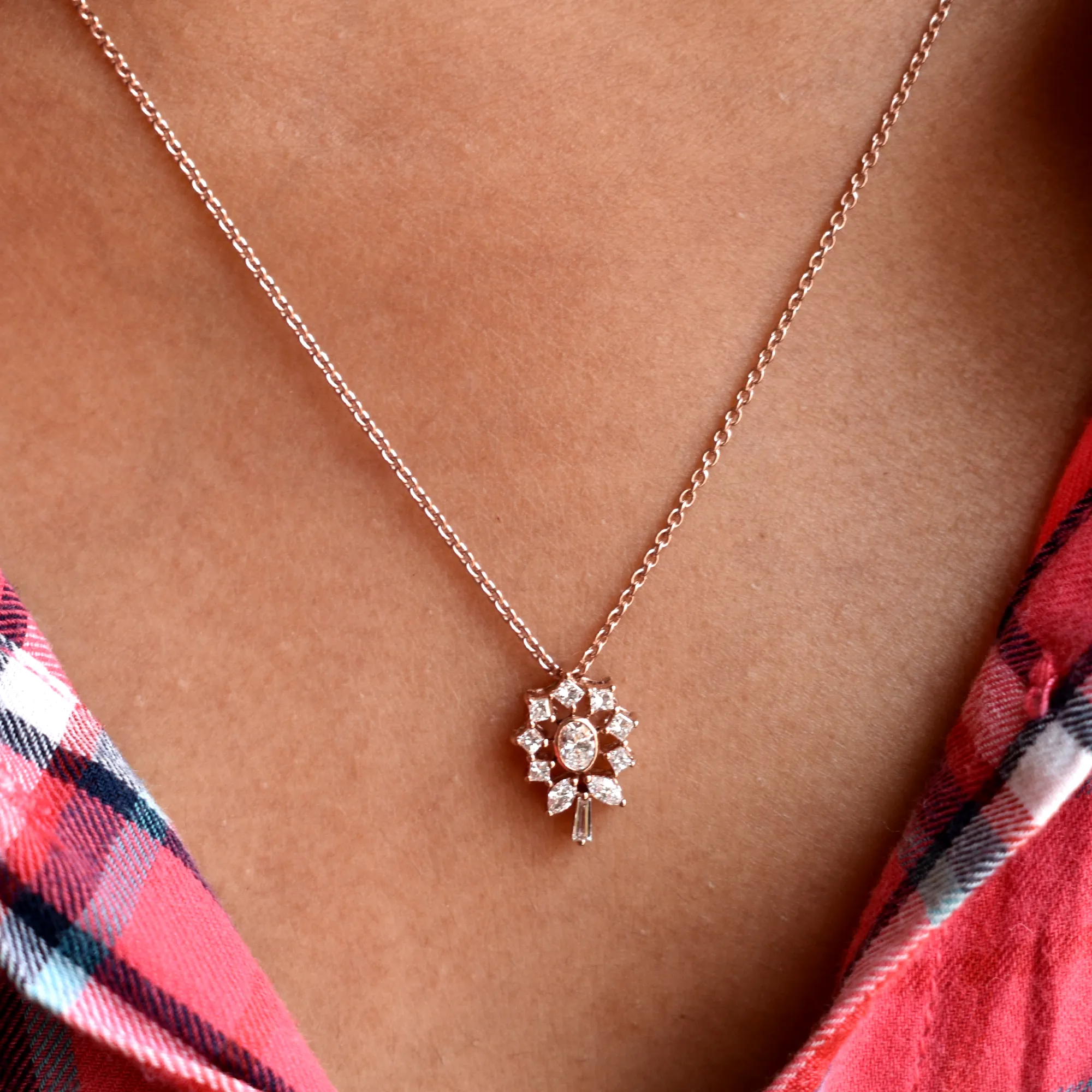 Flower Pendant Oval Diamond Necklace wih Princess Halo in 14K Solid Rose Gold