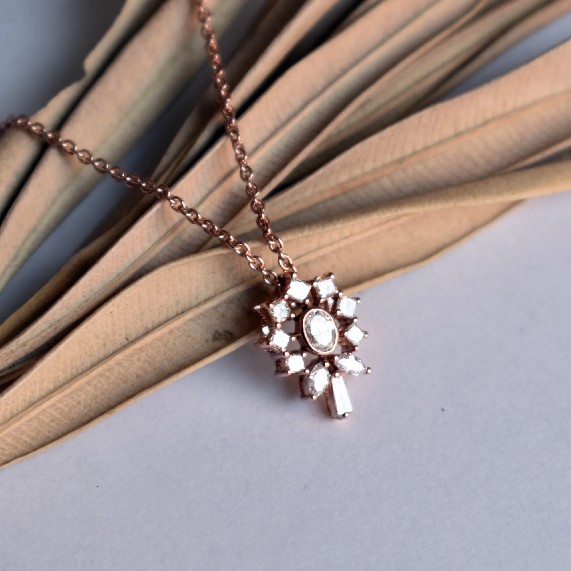 Flower Pendant Oval Diamond Necklace wih Princess Halo in 14K Solid Rose Gold