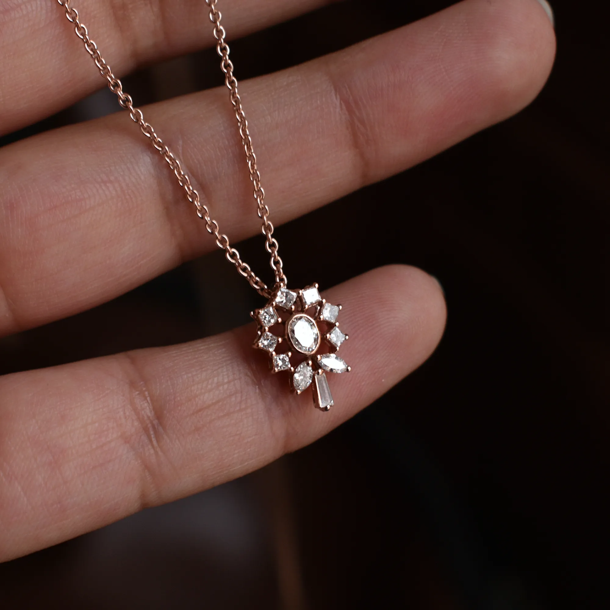 Flower Pendant Oval Diamond Necklace wih Princess Halo in 14K Solid Rose Gold