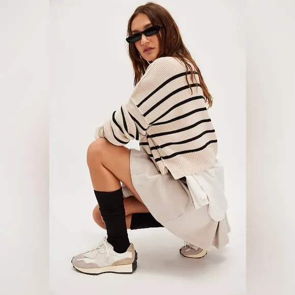 Free People Easy Street Cropped Striped Pullover Oversized Sweater | Size XL