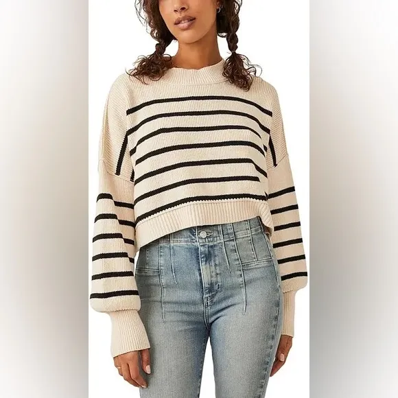 Free People Easy Street Cropped Striped Pullover Oversized Sweater | Size XL