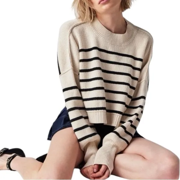 Free People Easy Street Cropped Striped Pullover Oversized Sweater | Size XL