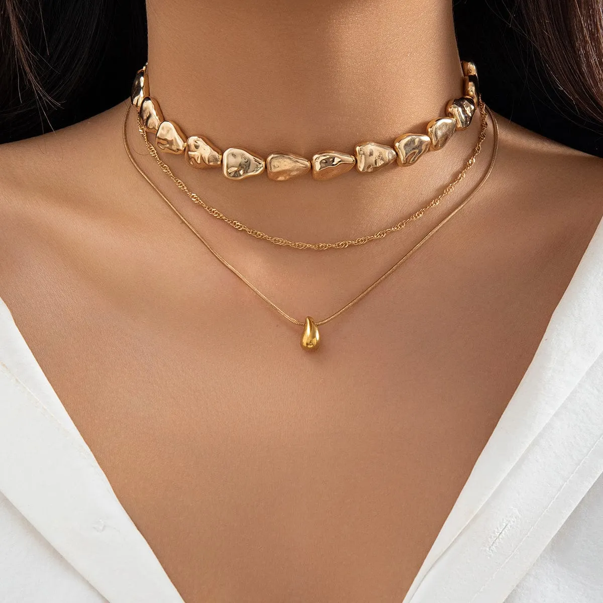 Geometric Layered Tiny Waterdrop Pendant Irregular Stone Chain Necklace Set
