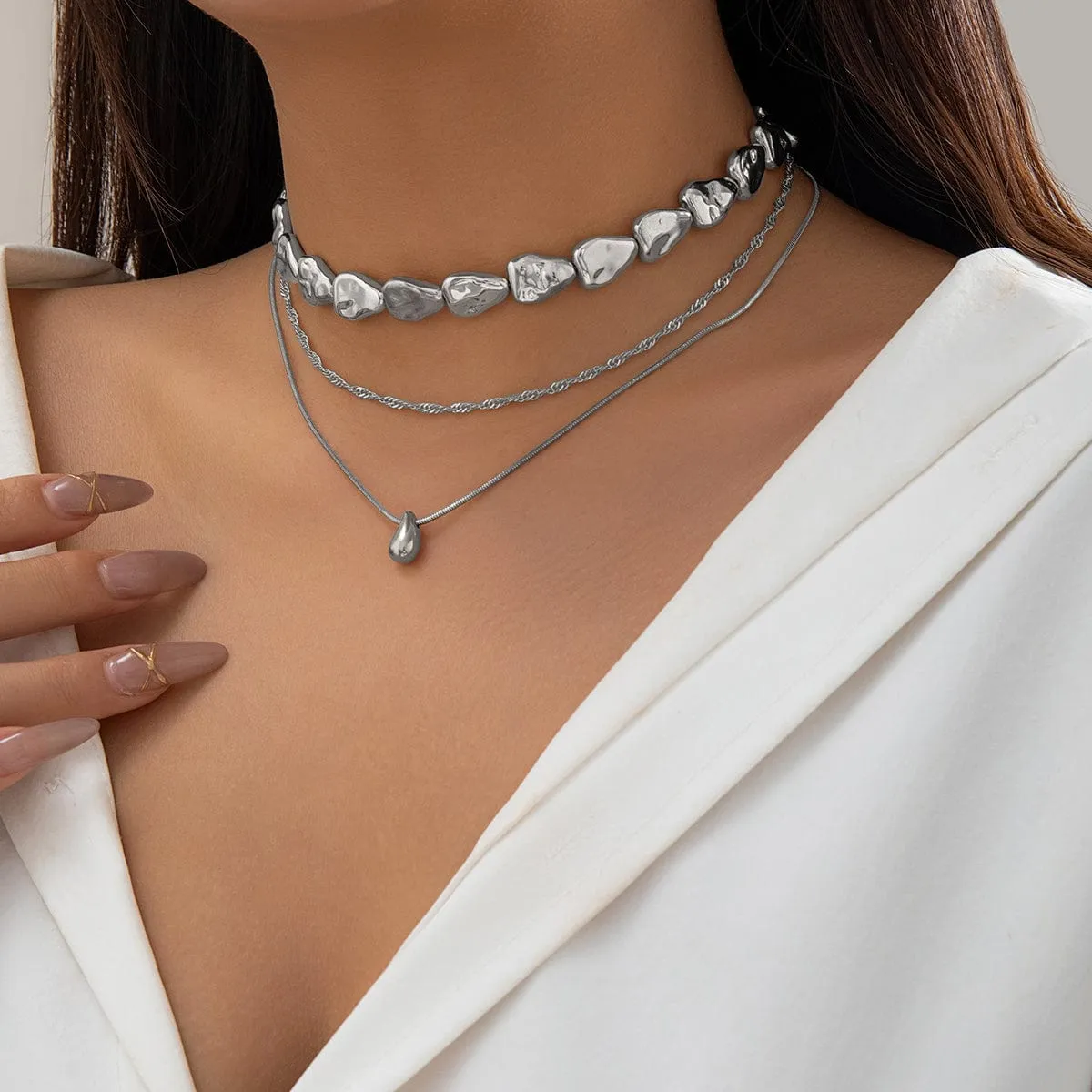 Geometric Layered Tiny Waterdrop Pendant Irregular Stone Chain Necklace Set