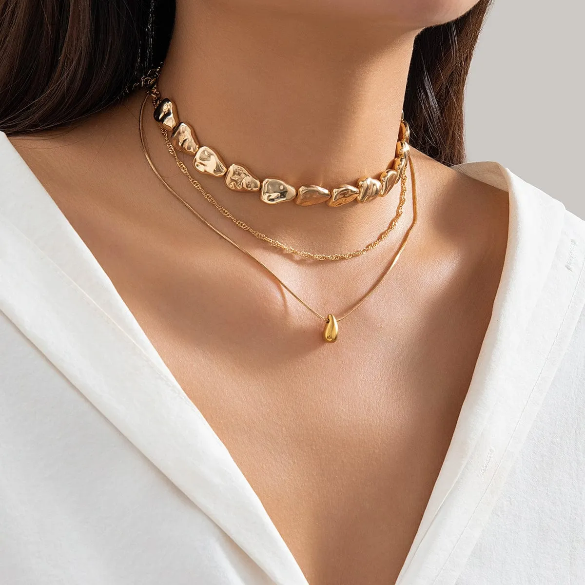 Geometric Layered Tiny Waterdrop Pendant Irregular Stone Chain Necklace Set