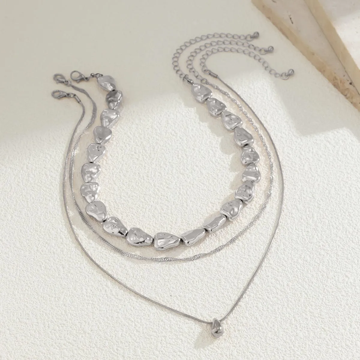 Geometric Layered Tiny Waterdrop Pendant Irregular Stone Chain Necklace Set