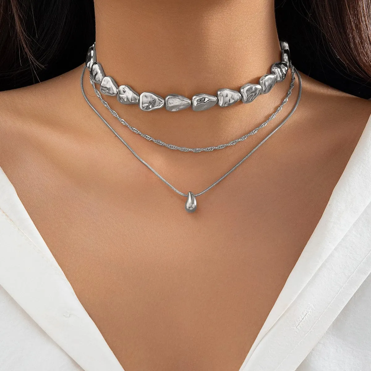 Geometric Layered Tiny Waterdrop Pendant Irregular Stone Chain Necklace Set