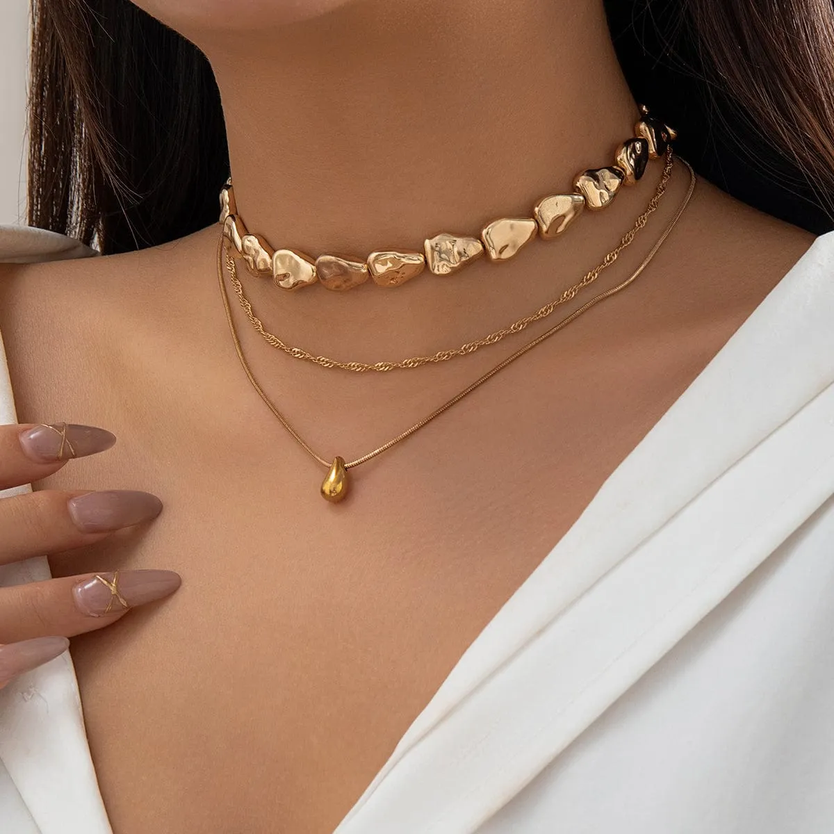 Geometric Layered Tiny Waterdrop Pendant Irregular Stone Chain Necklace Set