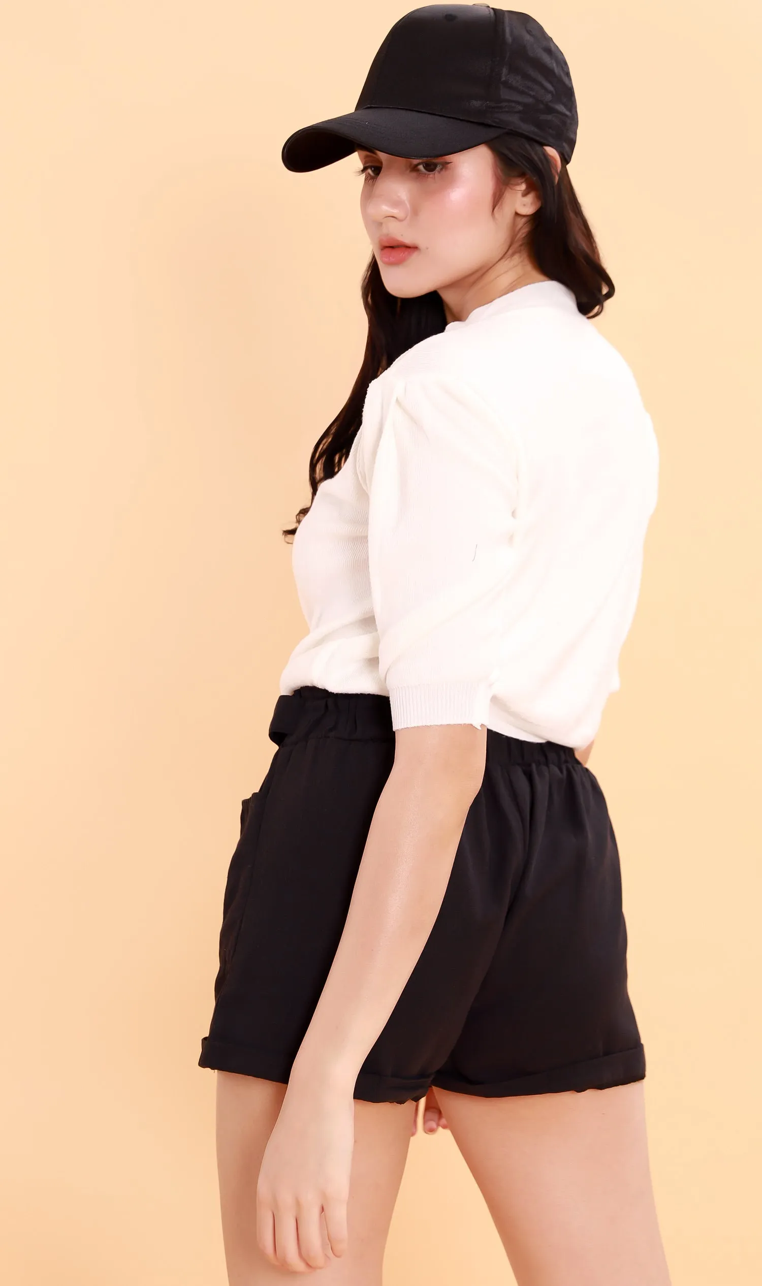 GEORGIA Ruched-Waist Shorts (Black)