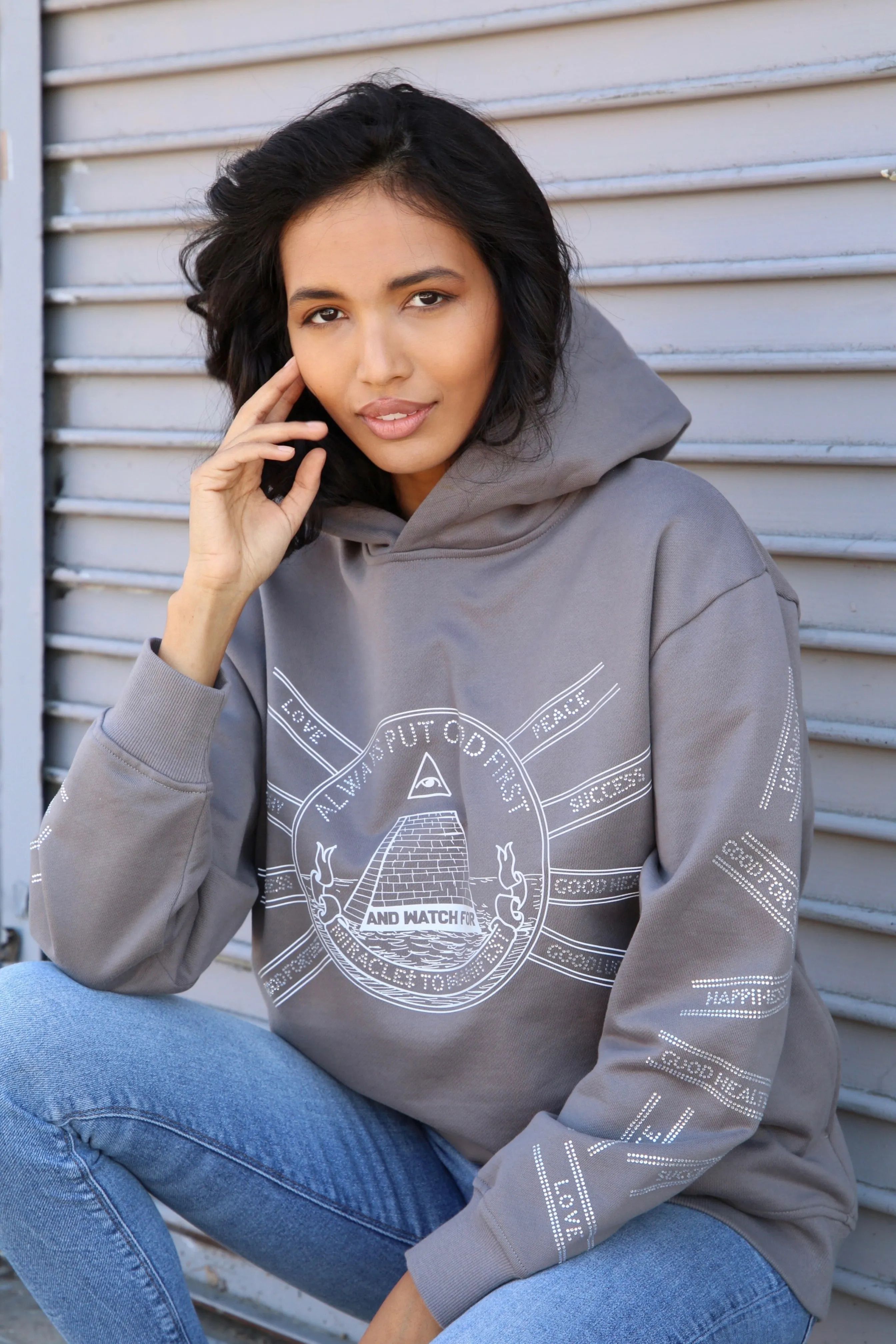 God First Affirmation Hoodie With Rhinestone Design - Truly Taupe