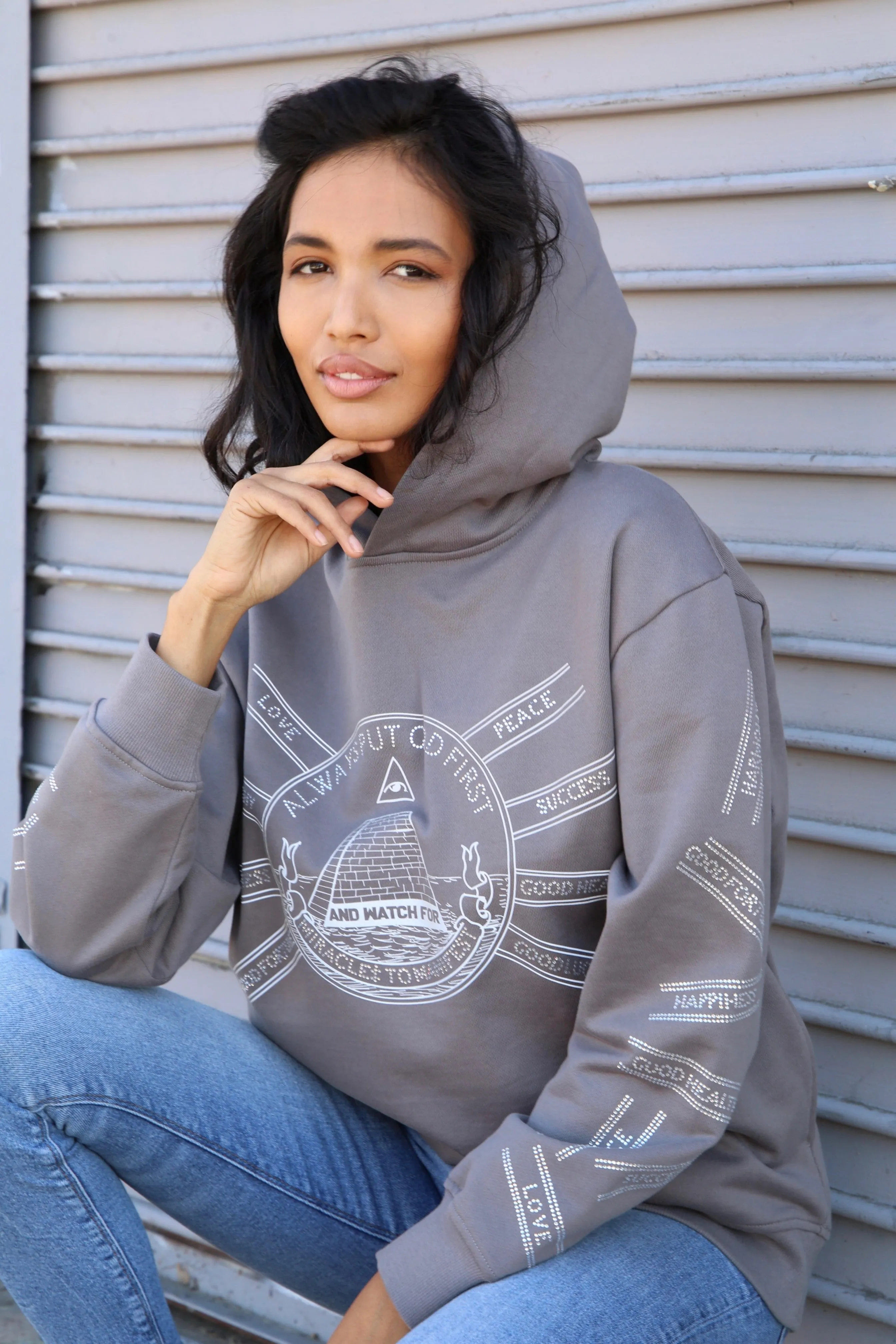 God First Affirmation Hoodie With Rhinestone Design - Truly Taupe